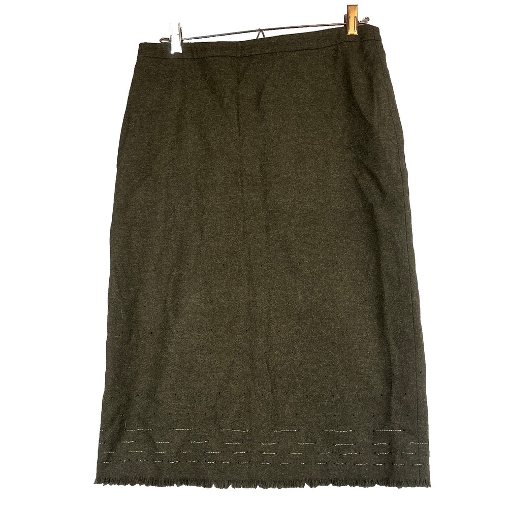 BCBG Max Azria Womens 6 Wool Skirt Olive Green Fringe Hem Y2K Lined Classic